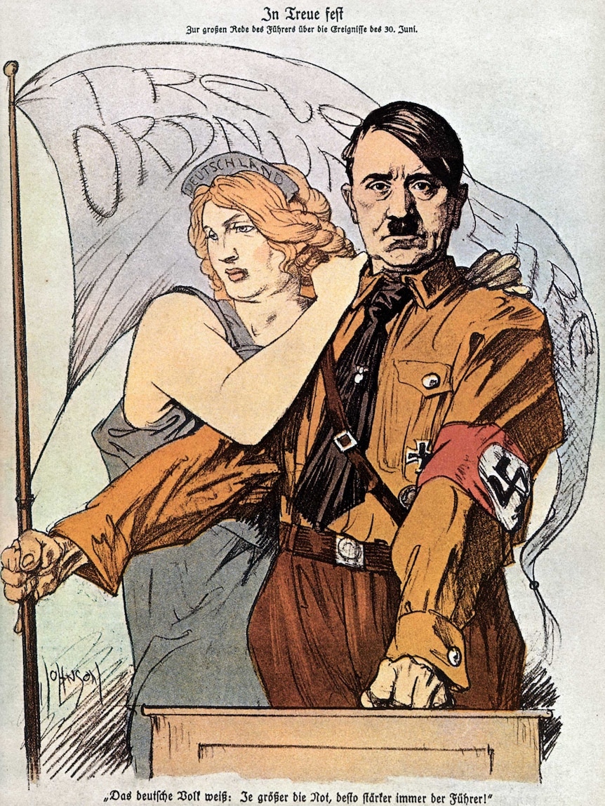 Color pencil drawing of a strong-looking Hitler with a woman representing Germany hanging on his arm behind him.