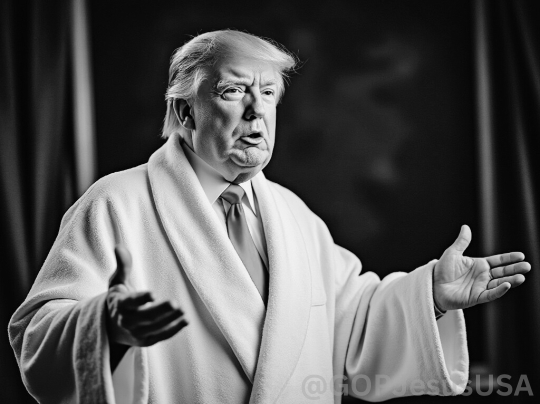 AI image of Donald Trump wearing a white bathrobe and tie, holding out his hands as if in prayer. Photo is in black and white.