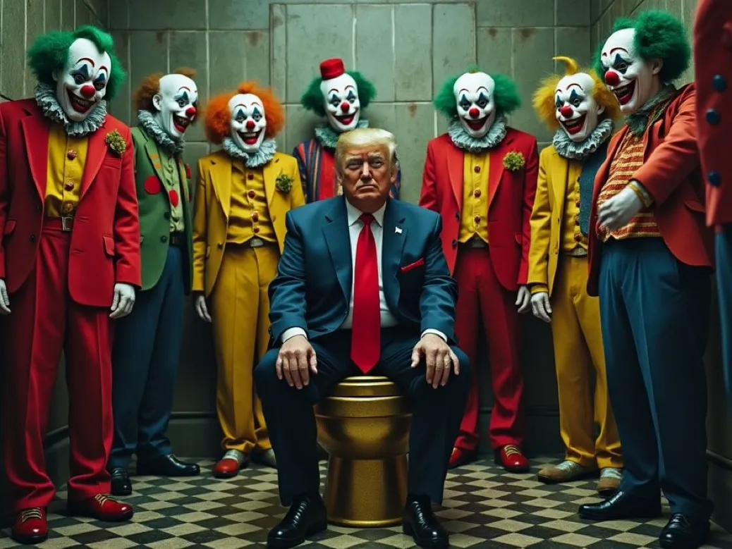 AI image of Donald Trump in a suit sitting on a toilet "throne" in a dingy bathroom, with garish clowns standing around him.