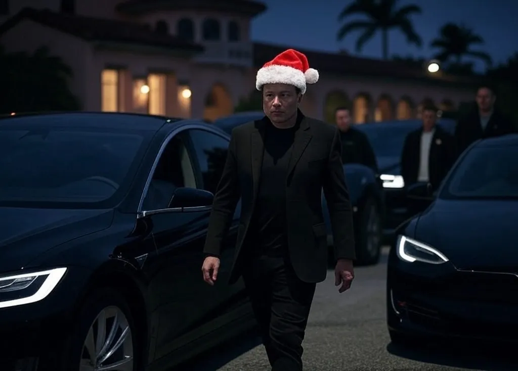 Elon Musk striding between black Teslas, wearing a Santa cap outside Mar-a-Lago