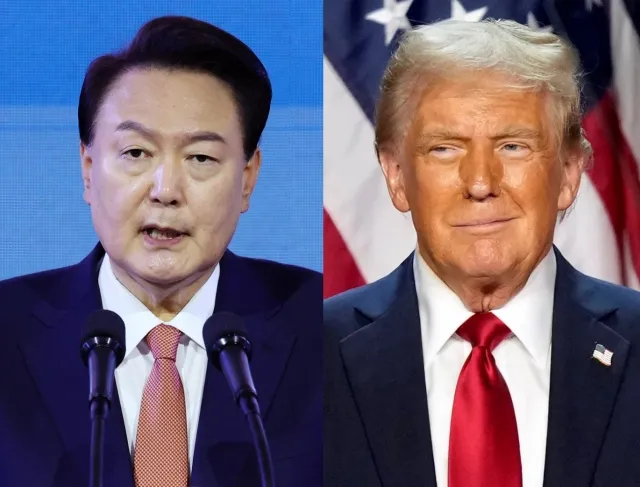 Side-by-side portraits of South Korean President Yoon and former President Trump, smirking