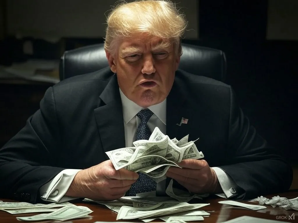 AI image of Donald Trump at a desk in a darkened room with piles of cash in his hands