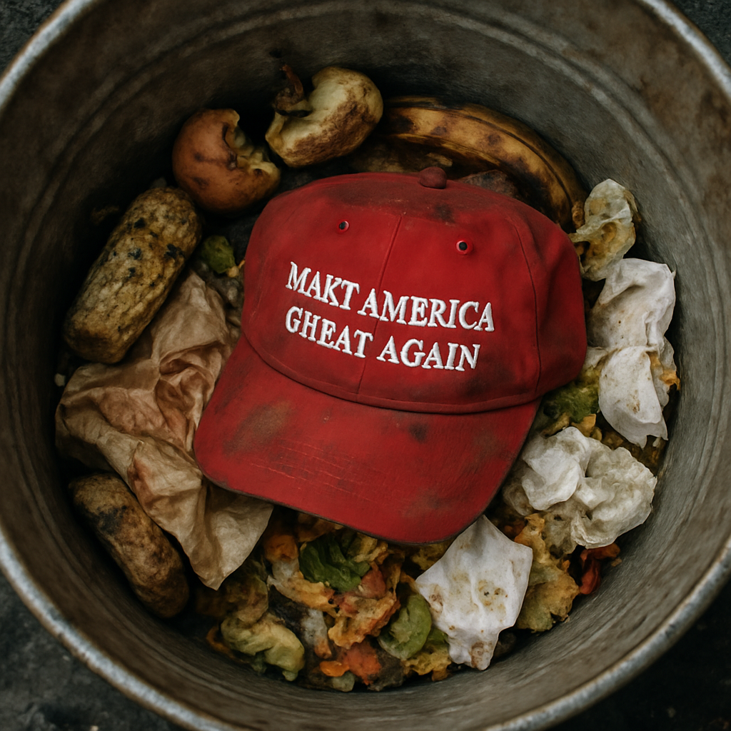 Worn out, dirty red MAGA hat in a trashcan on top of thrown-out food.