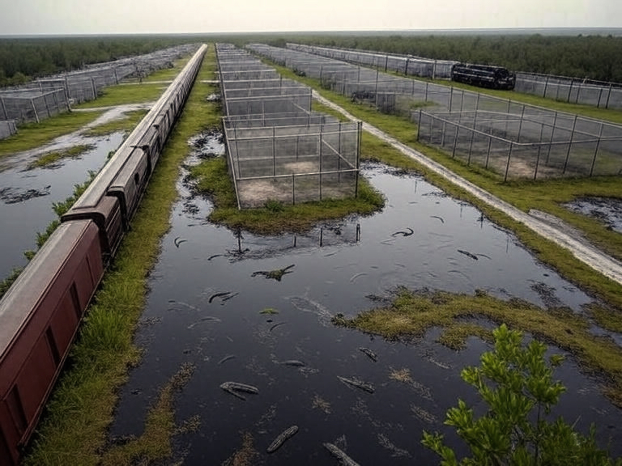 AI rendering of Florida's "Alligator Alcatraz" immigrant prison camp.